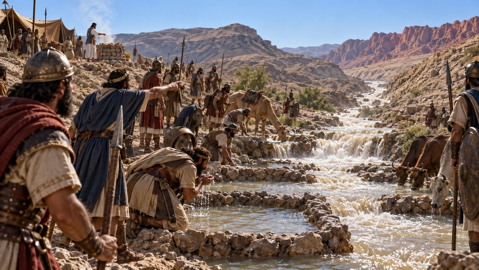 Water enters the dug wadi under a clear morning sky; no rain or wind.