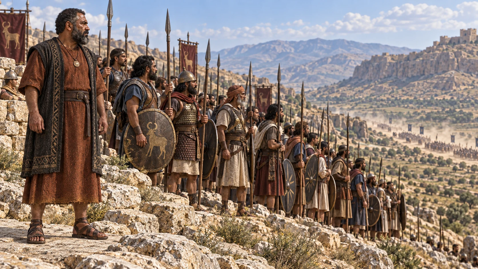 Mesha's forces form a line at their border, with varied adult ages.
