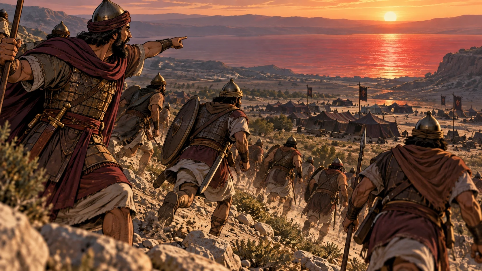 Mesha's men point toward the red glint and advance; show their inference, not real blood.