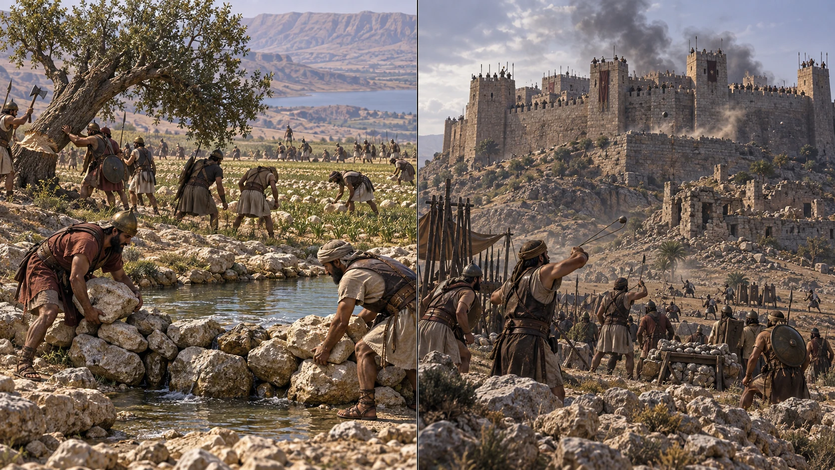 Ordered beats: campaign damage to fields and springs, then slingers around the remaining stronghold.