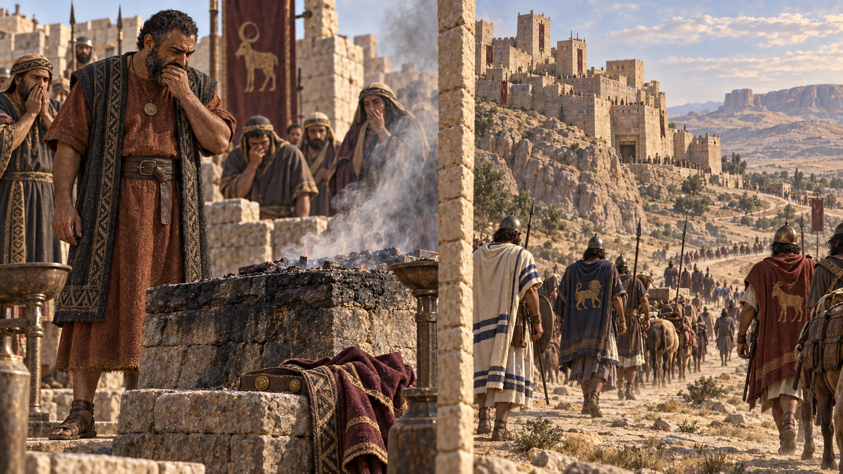 Two restrained ordered beats: Mesha and his firstborn on a distant city wall before a smoking altar, then allied troops withdrawing; no graphic injury or specified supernatural cause.