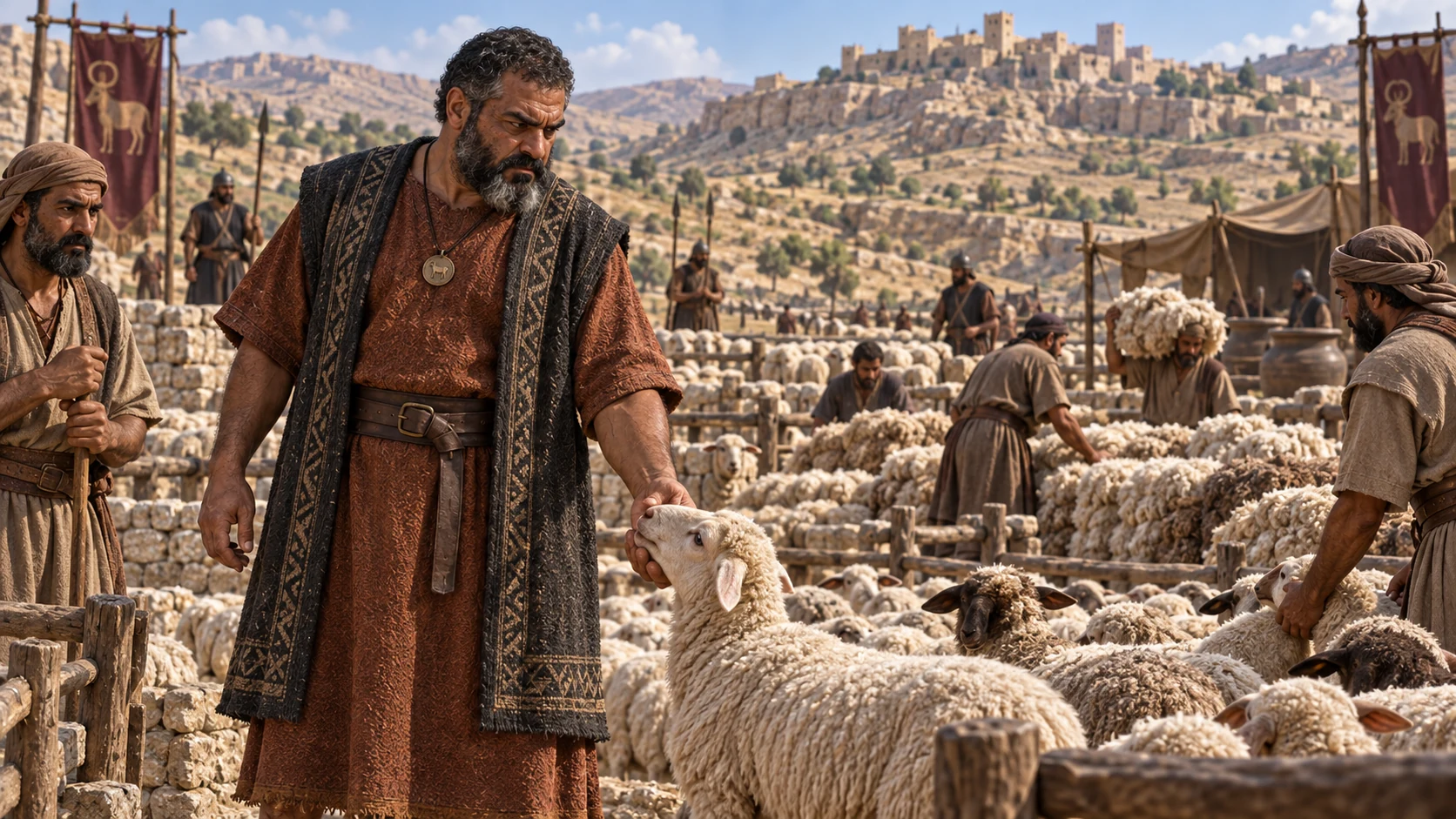 Mesha surveys sheep and counted wool bales beside Israelite tribute agents.