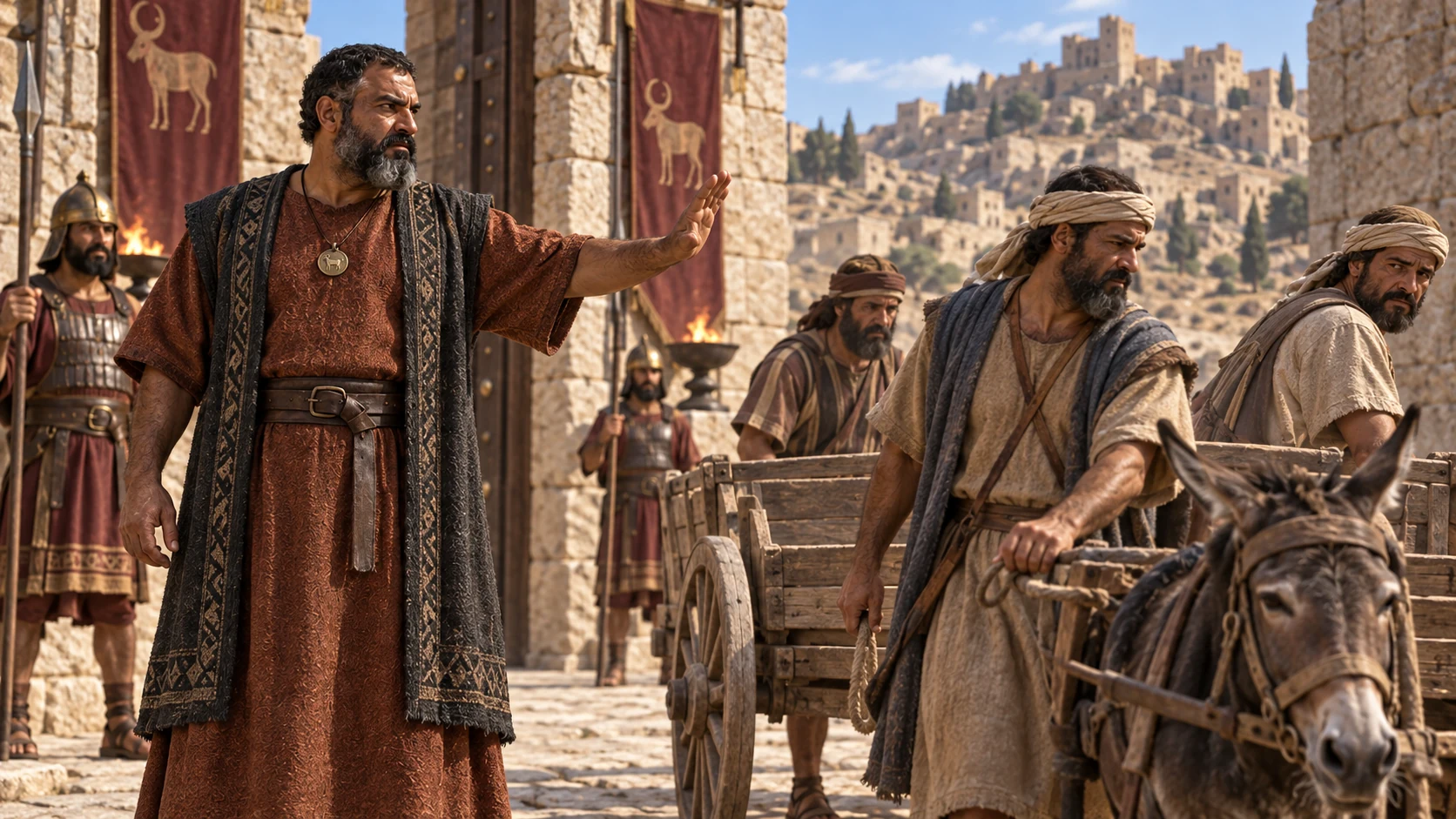 Mesha turns away an Israelite tribute party at a Moabite gate.