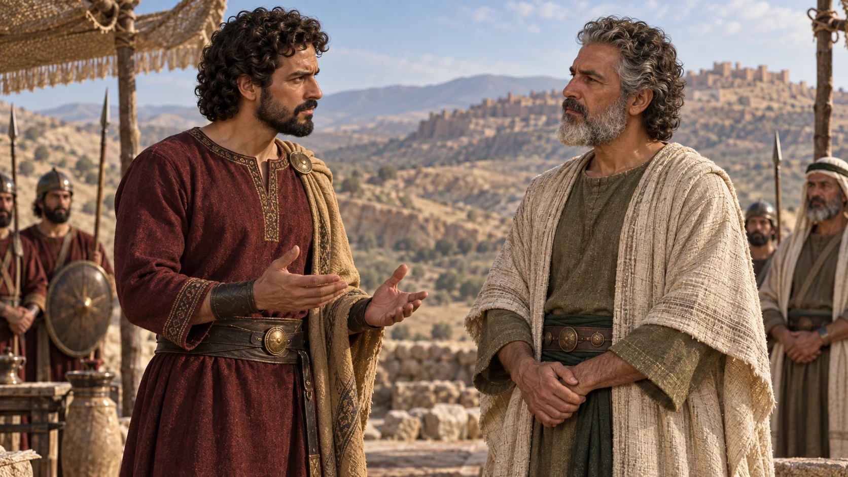 Two distinct kings confer face to face with restrained court attendants.