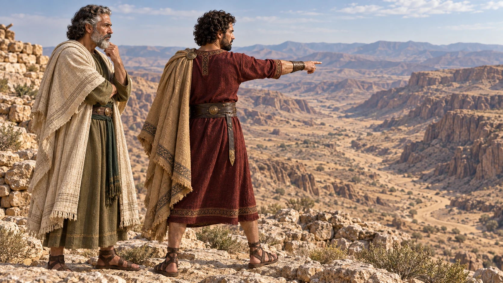 Jehoram and Jehoshaphat study a physical route through desert terrain, no modern map lettering.