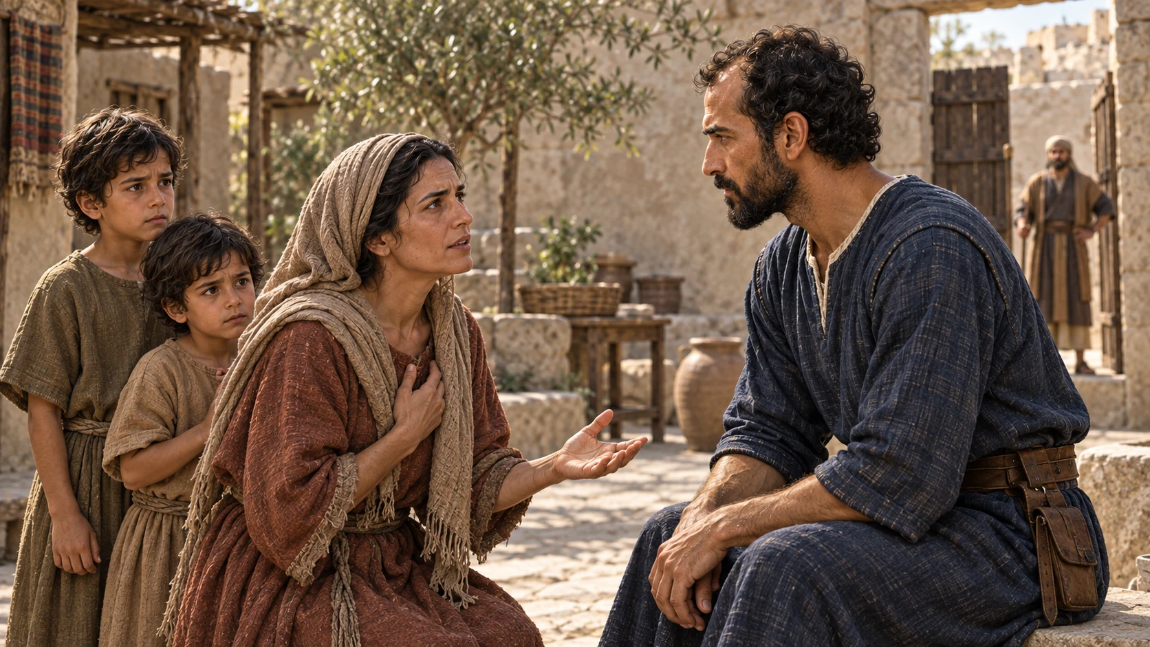 The widow asks Elisha for help before the creditor takes her two sons.