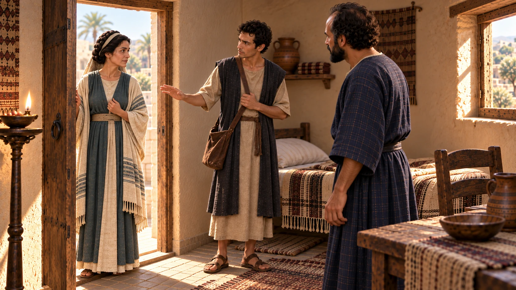 The woman returns and stands at the room’s doorway.