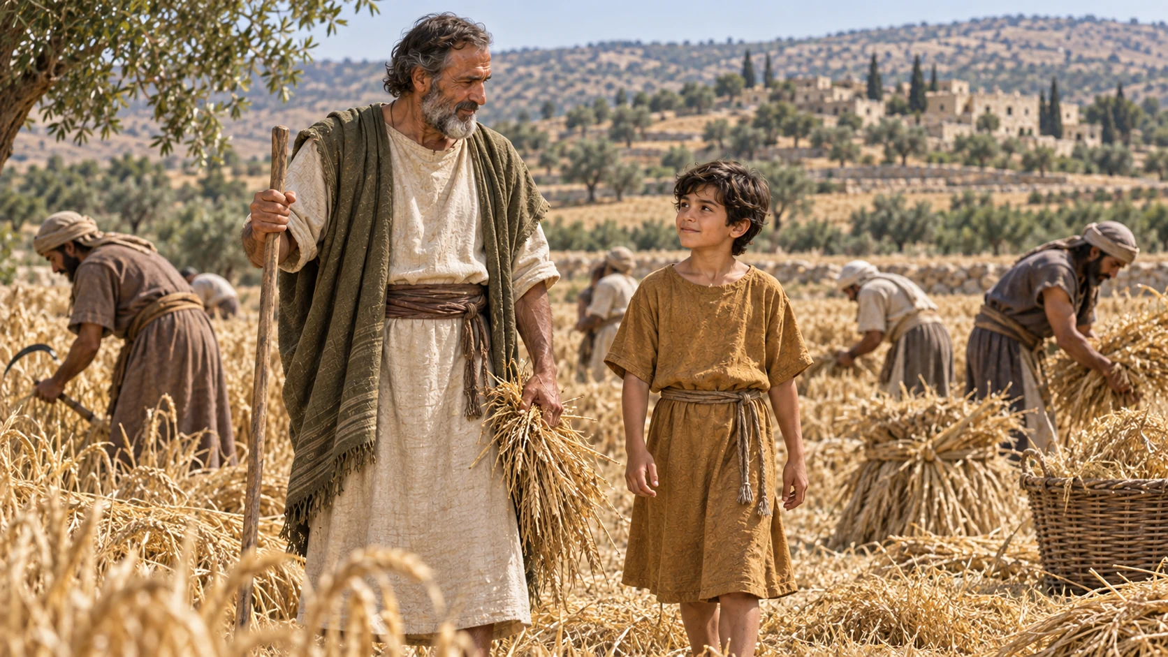 The growing boy goes out to his father among the reapers.
