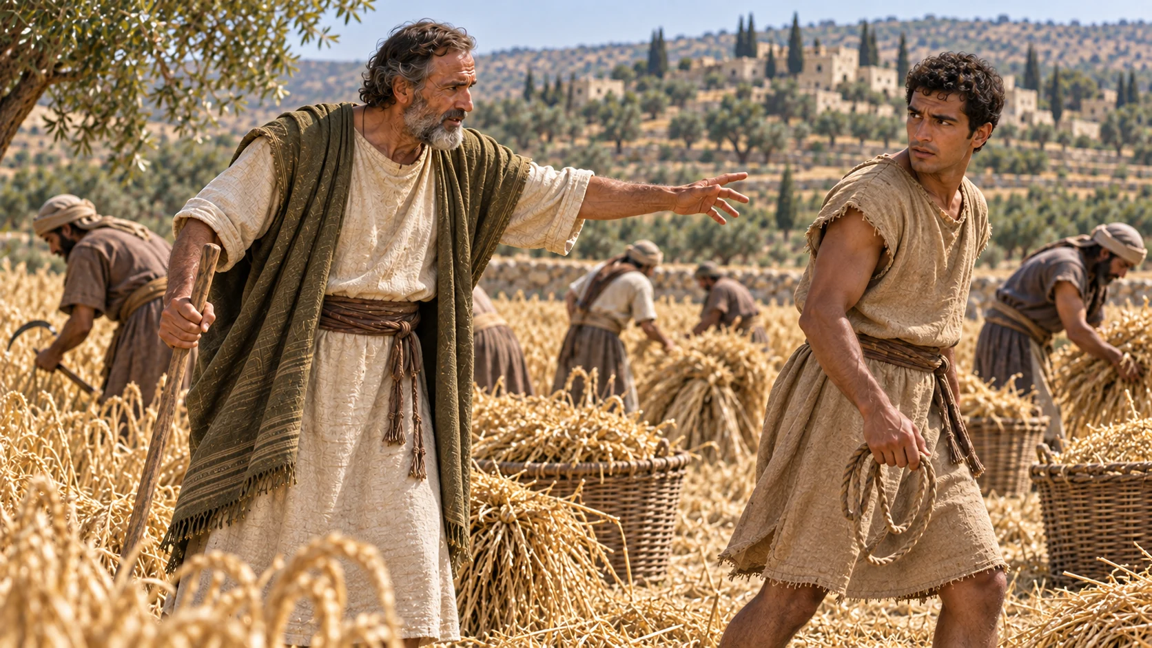The father urgently directs the household servant in the harvest field; the boy remains off-frame.
