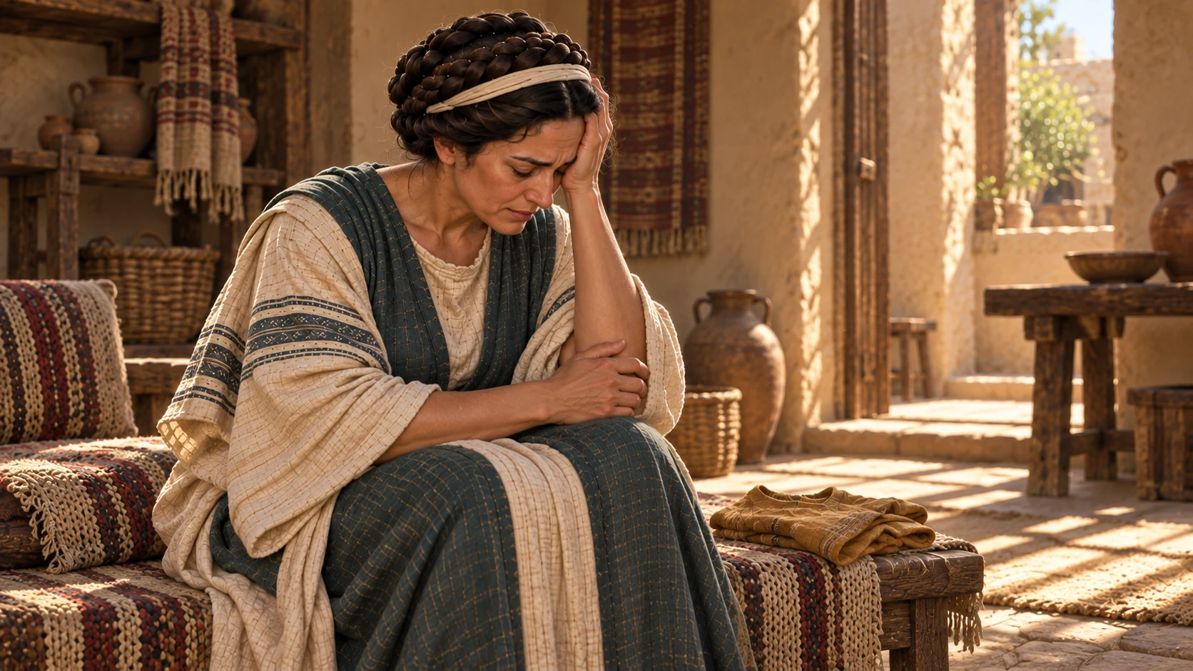 At noon the mother sits in grief in the household room, her son off-frame; exact Scripture states the death.