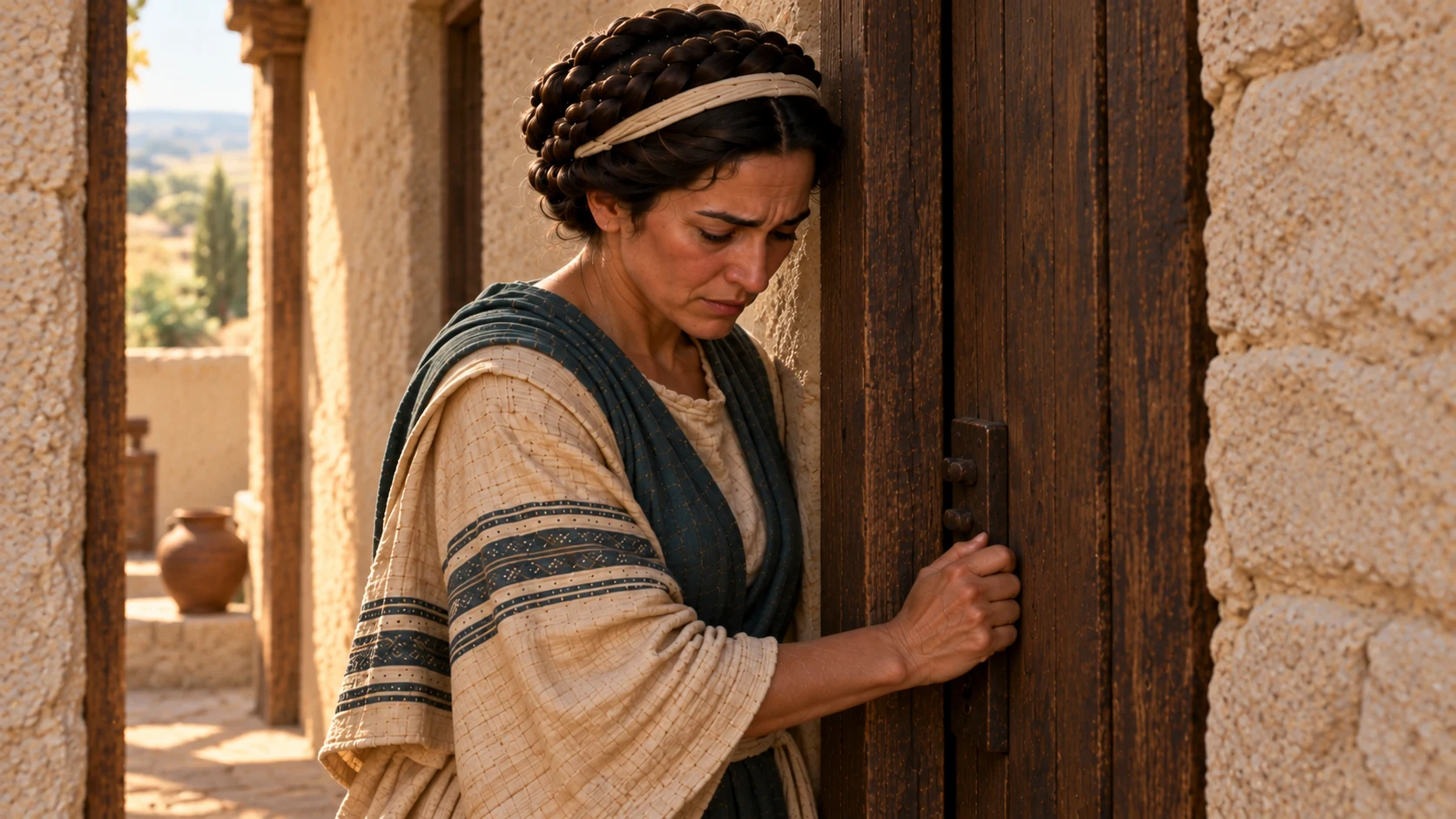 The mother closes the upstairs guest-room door; the bed and boy remain beyond it and outside the frame.
