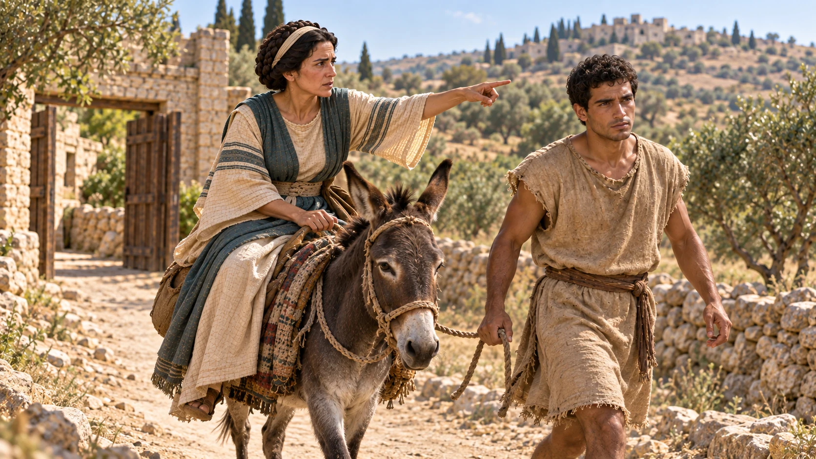 She urges the donkey’s driver onward without delay.