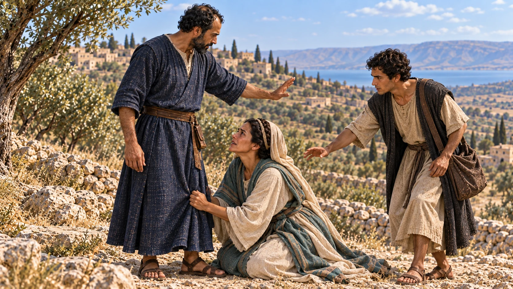She takes hold of Elisha’s feet while Gehazi moves to intervene; Elisha stops him.