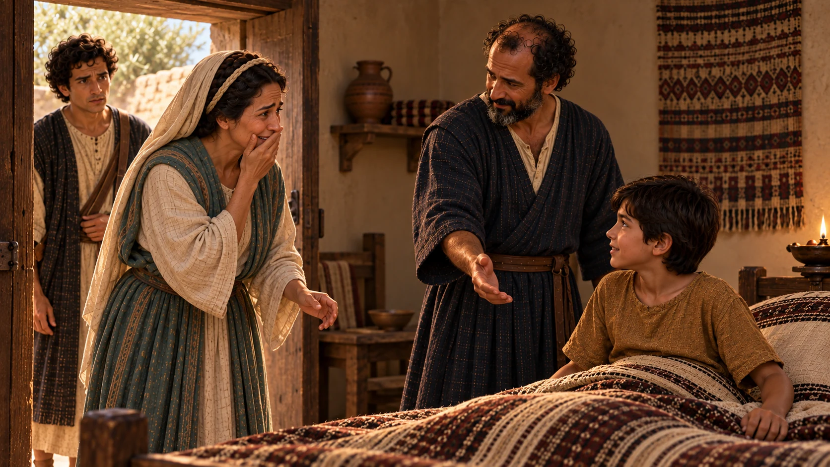 Elisha tells Gehazi to call the Shunammite and invites her to take her son.
