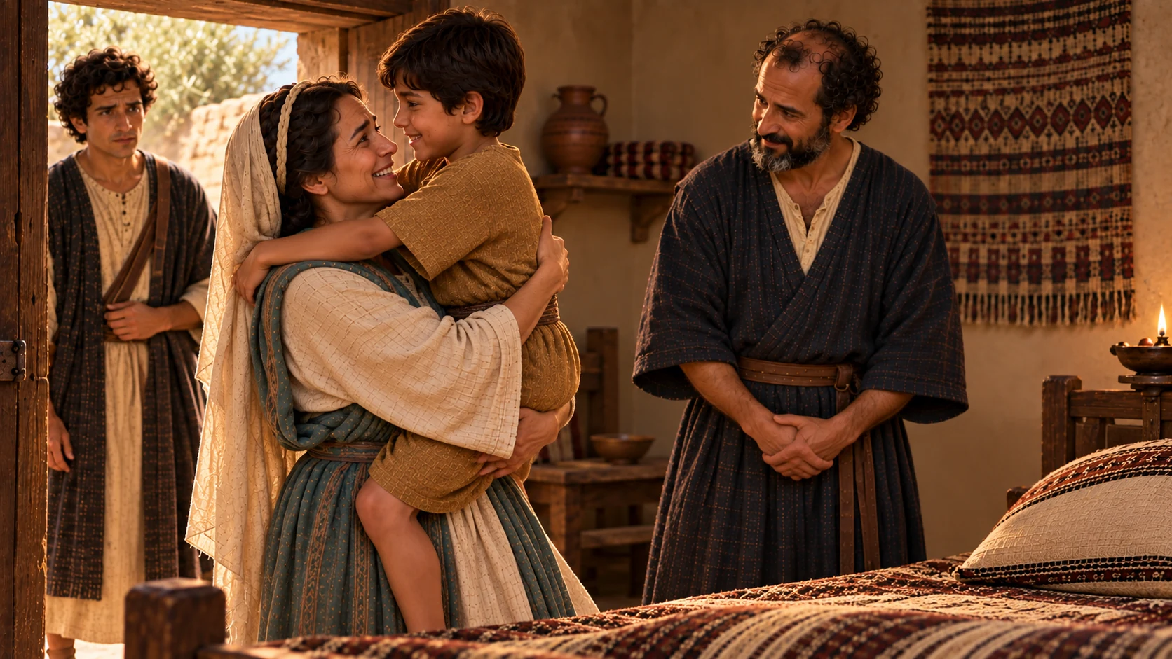 She bows, lifts her living son, and leaves with him.