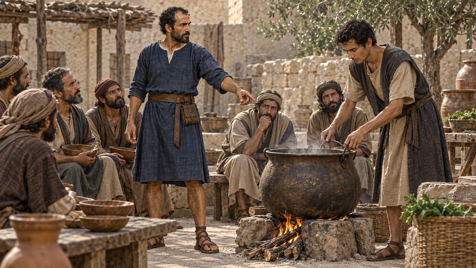 During famine, Elisha tells a servant to make a large pot of stew.