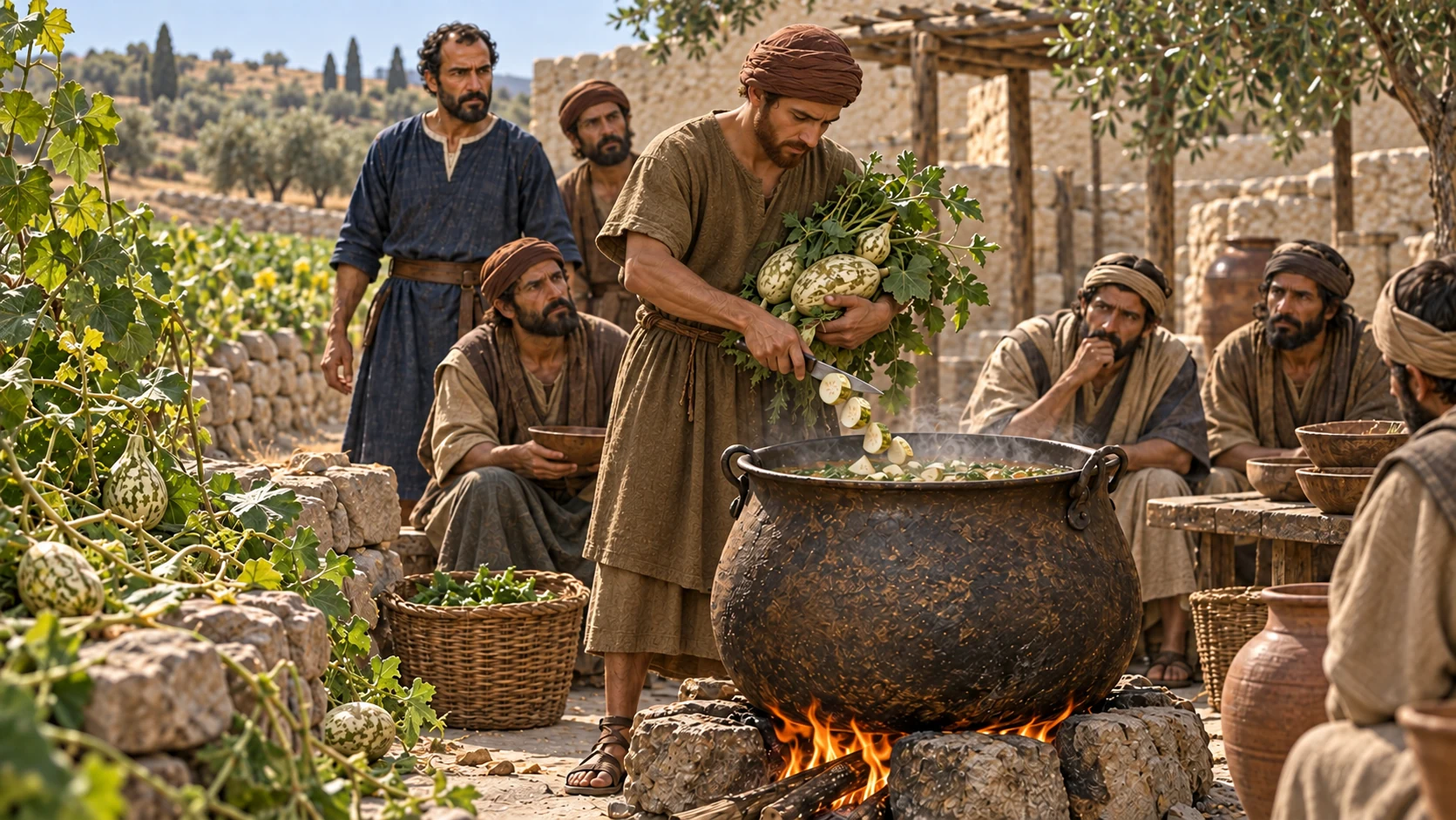 One man gathers unknown wild gourds and cuts them into the pot.