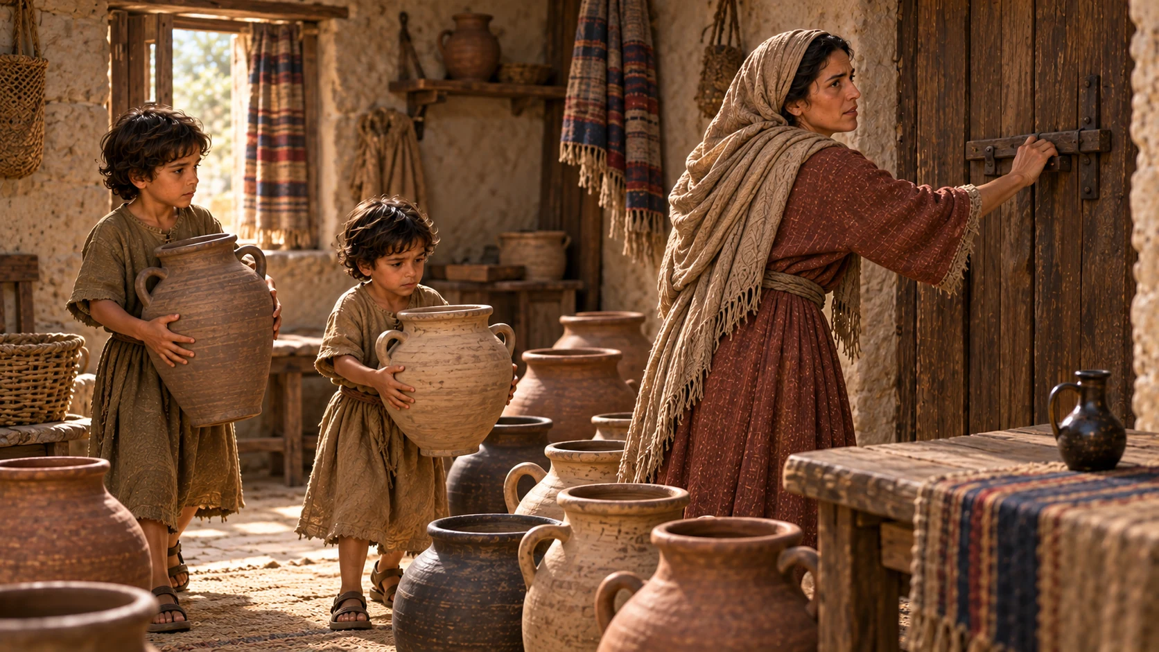 Elisha instructs her to shut the door with her sons and pour into the vessels.