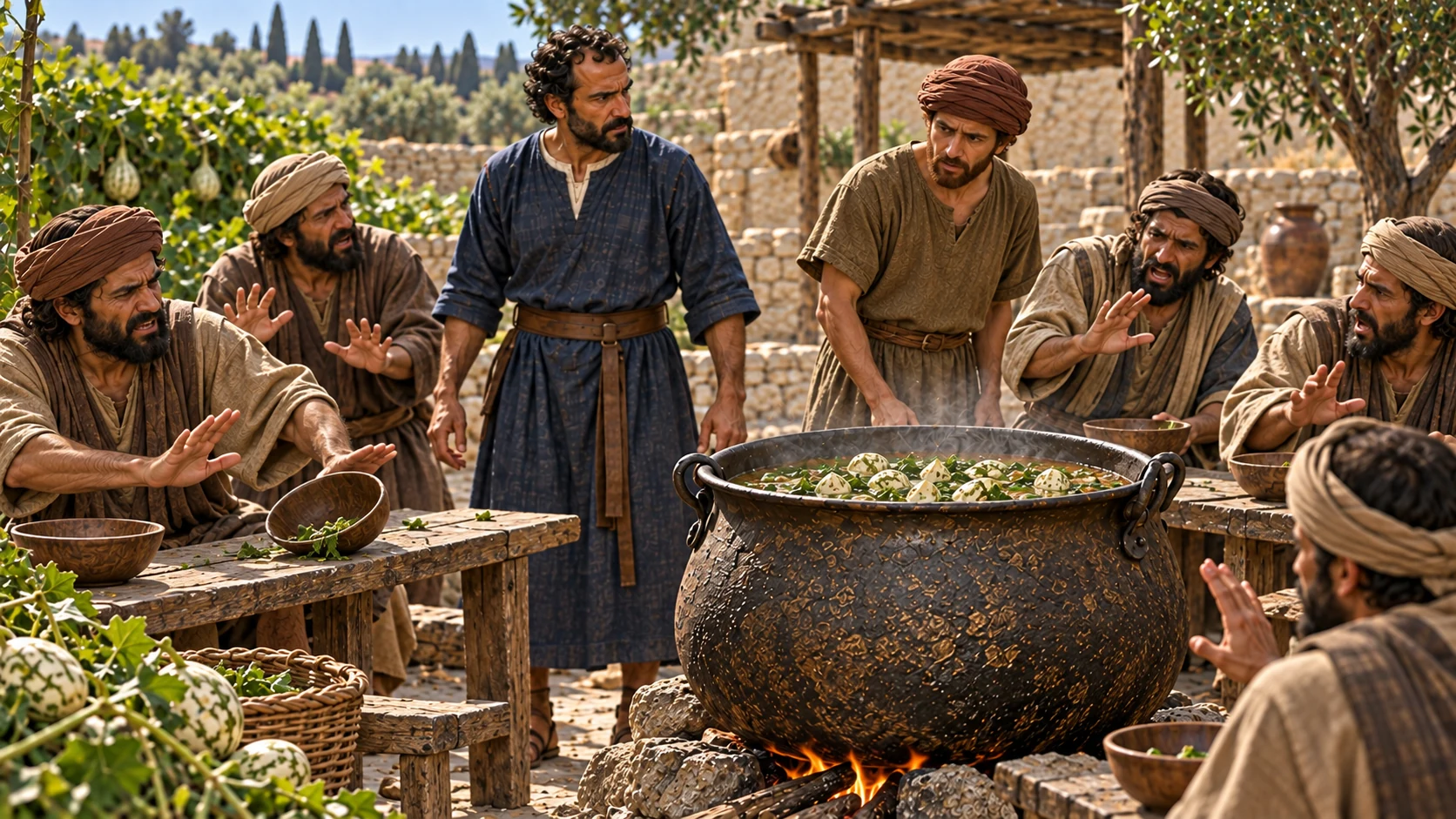 The gathered prophets recoil from the stew after tasting it.