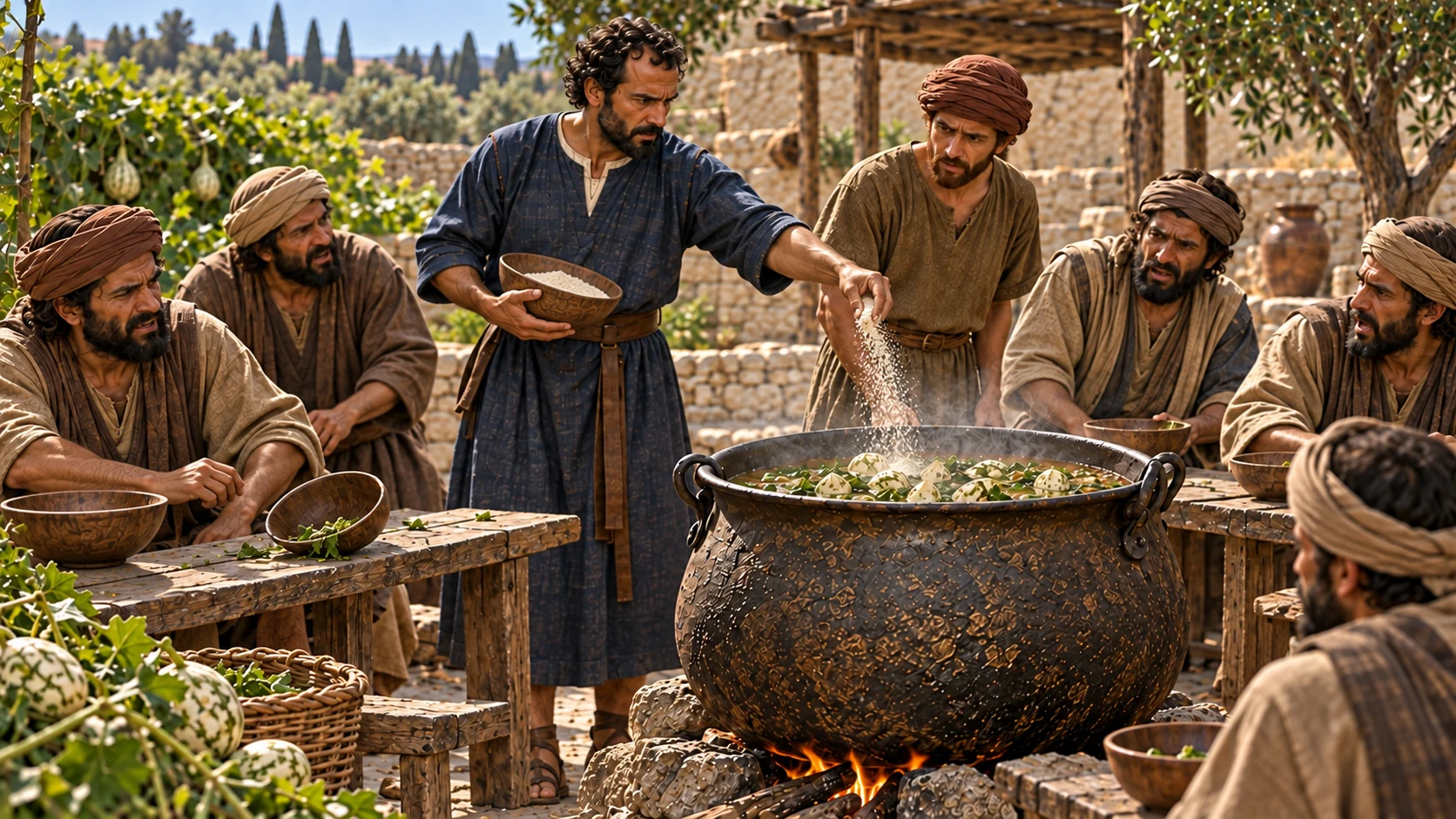 Elisha adds meal and has the stew served without harm.