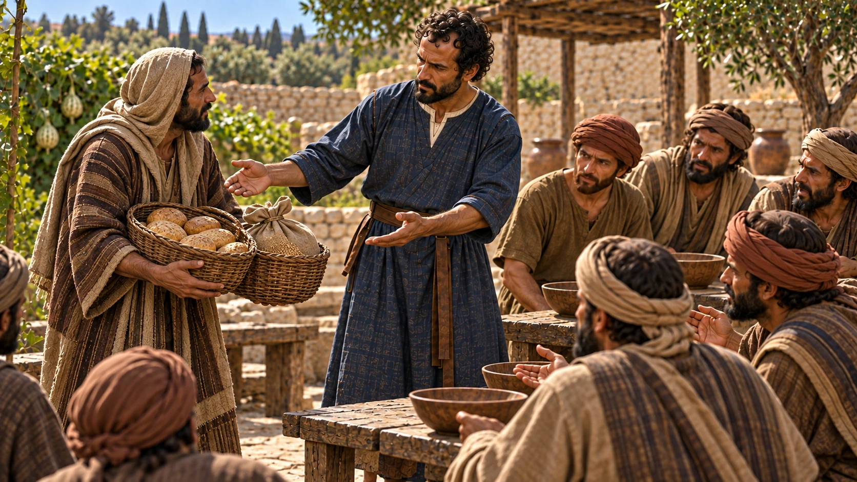 A man brings twenty barley loaves and fresh grain; Elisha says to feed the people.