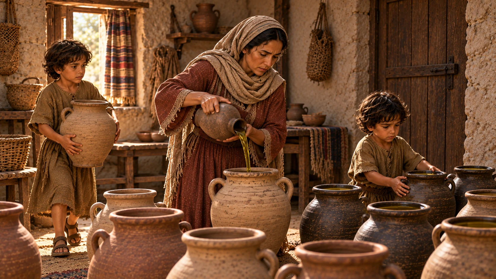 Behind the closed door, her sons bring containers as she pours.