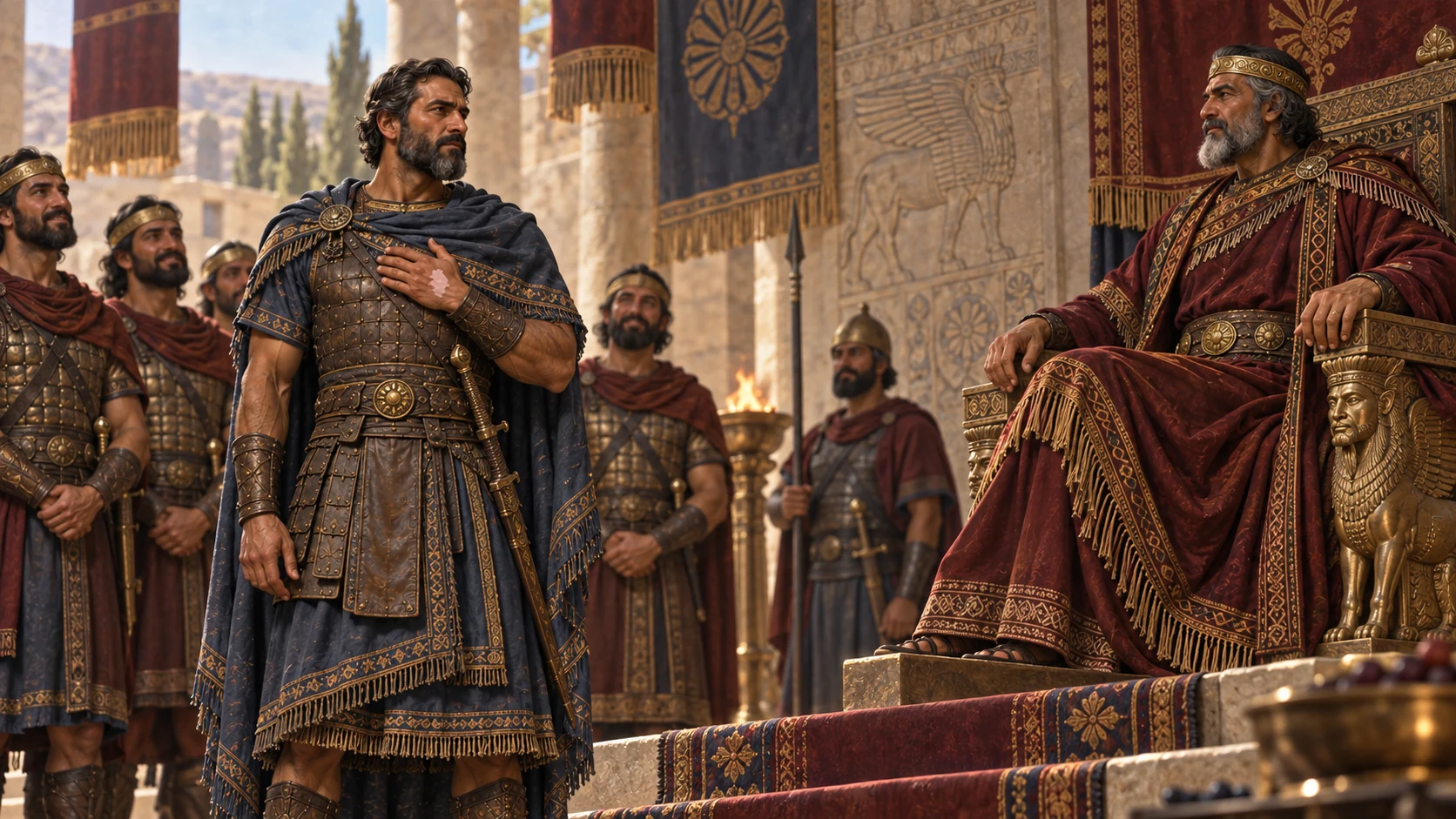Naaman stands honored before the king of Aram, with his skin condition visible only in a restrained detail.
