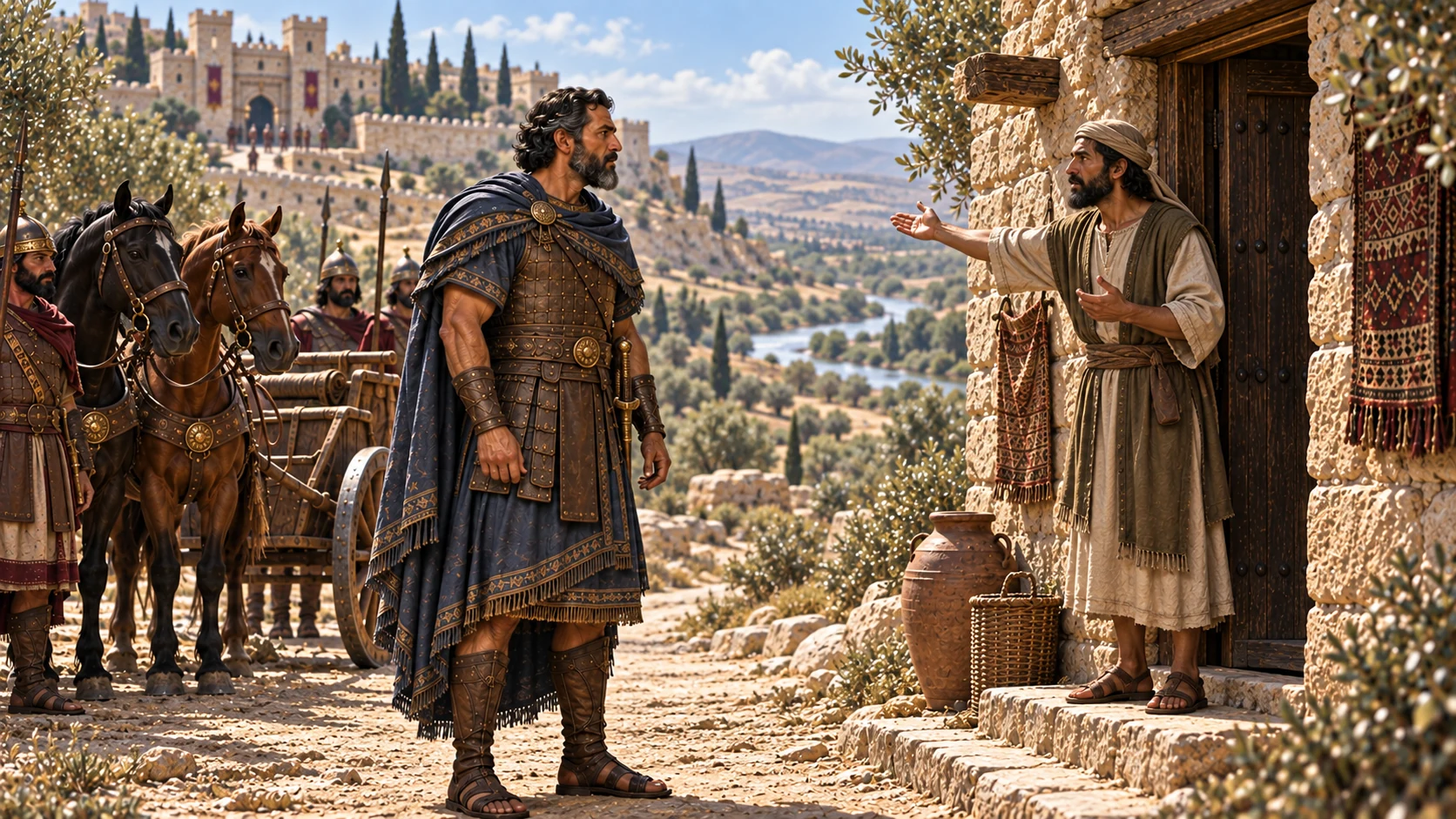 A messenger from Elisha tells Naaman to wash seven times in the Jordan.