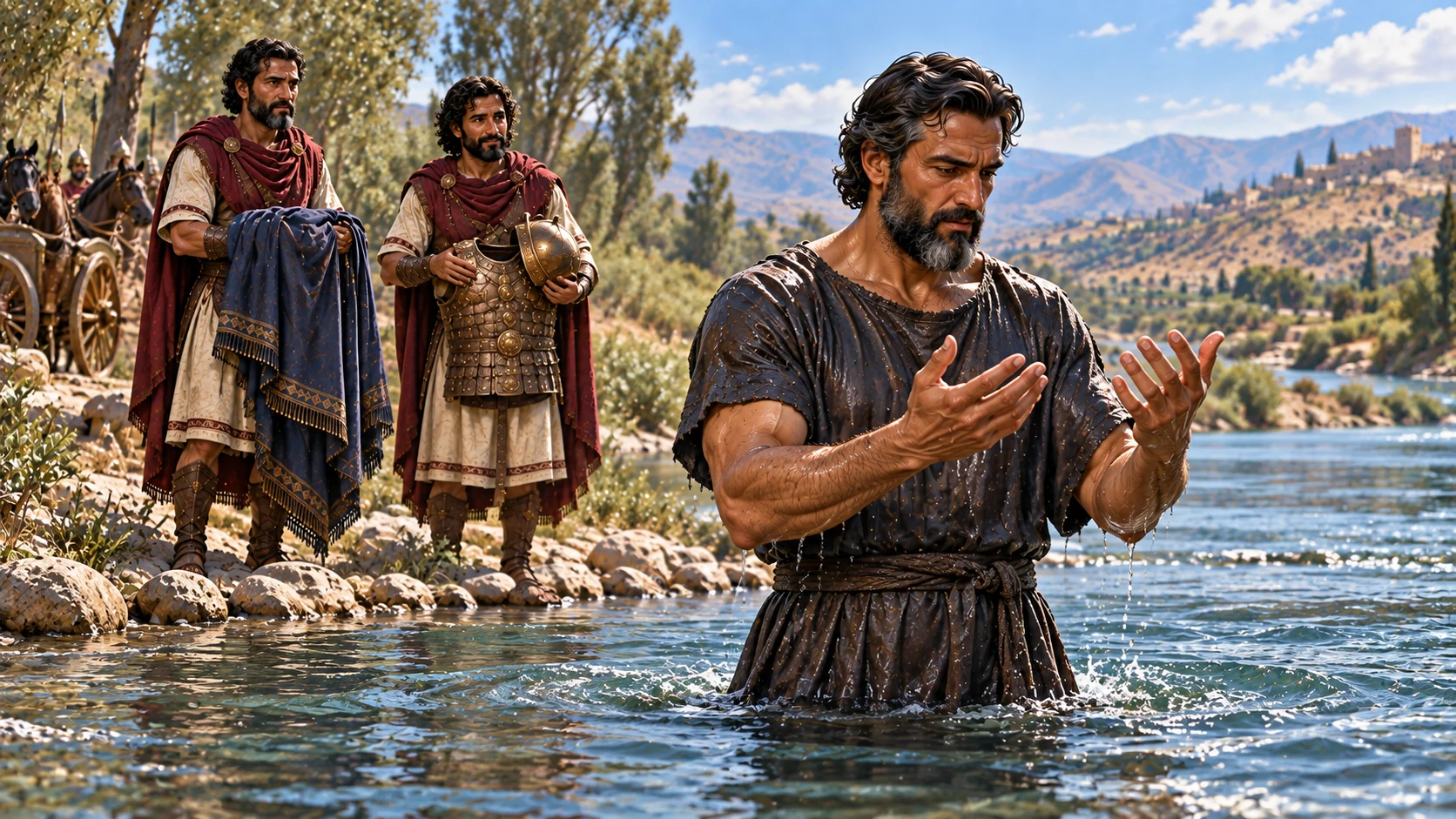 Naaman rises from the Jordan after the seventh washing, visibly restored.