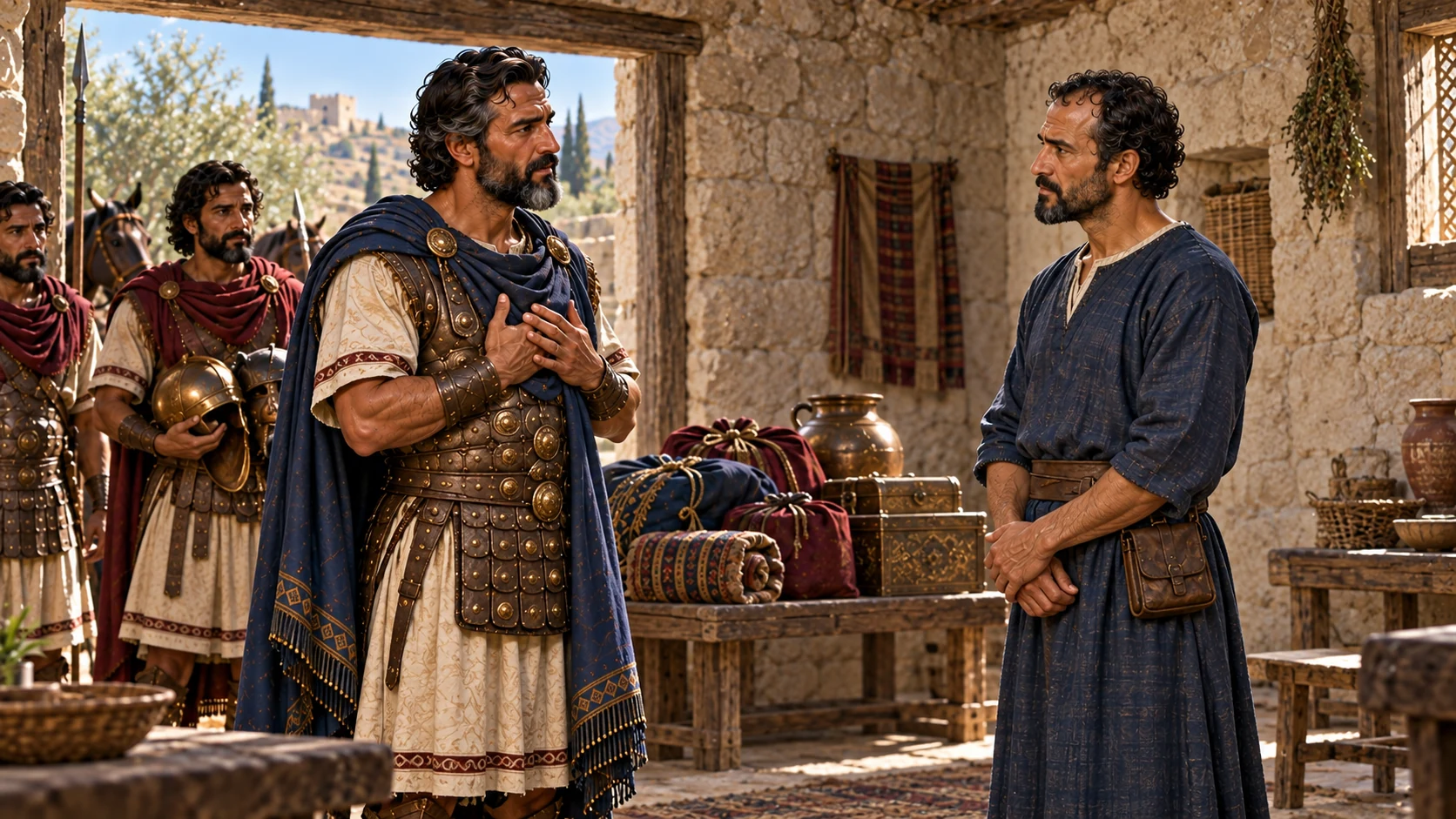 Naaman returns with his company and speaks gratefully before Elisha.