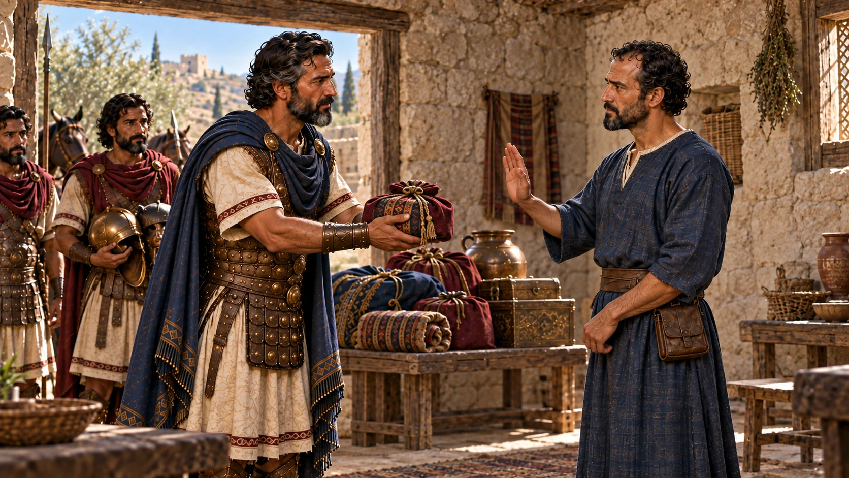 Elisha refuses the offered gifts despite Naaman’s insistence.