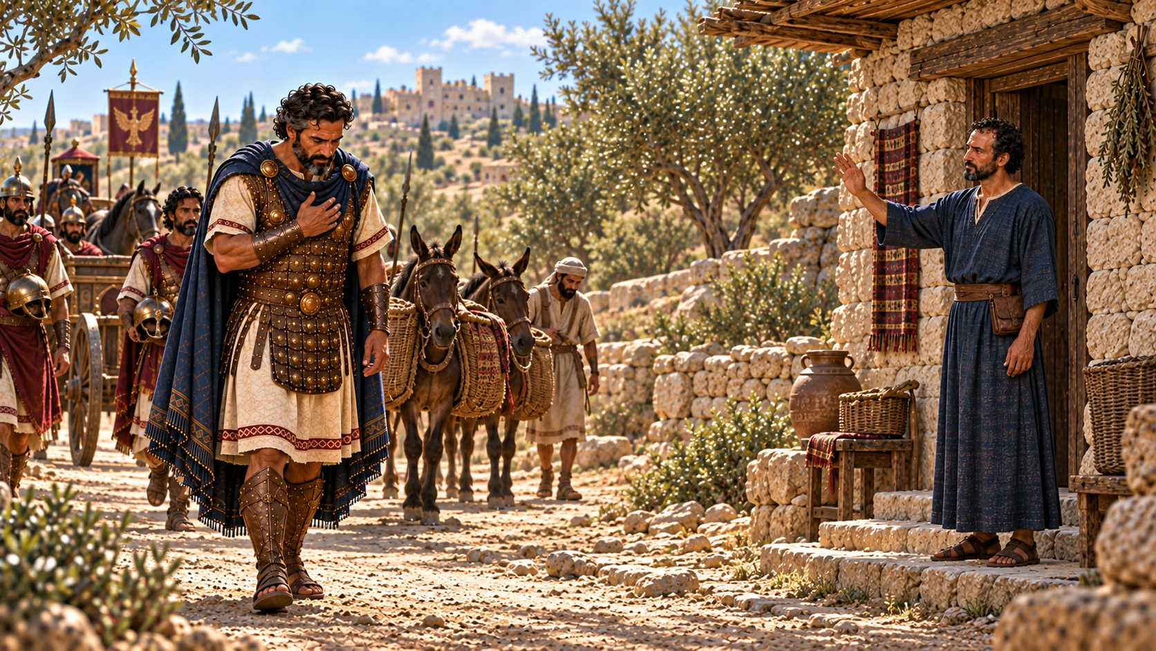 Elisha sends Naaman away in peace along the road from his house.