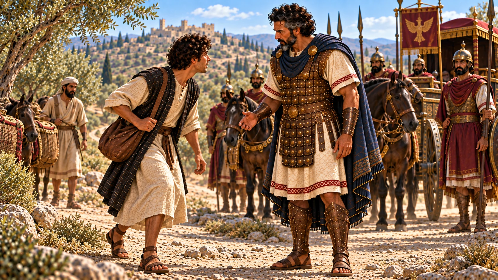 Naaman steps down from his chariot to meet Gehazi on the road.