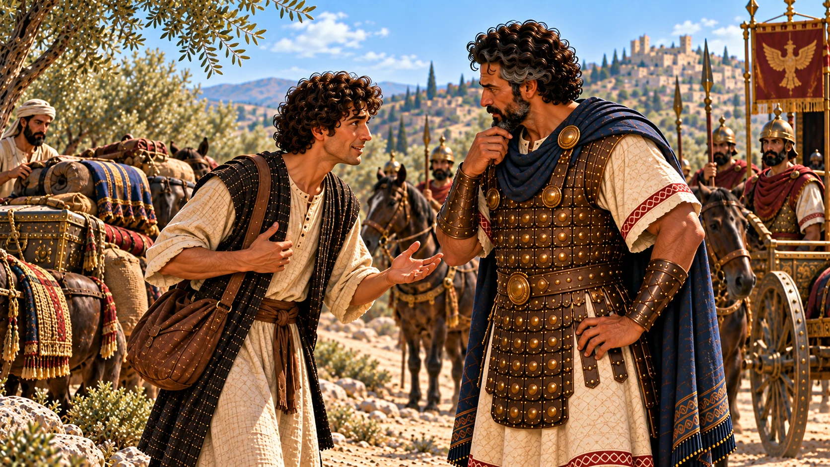 Gehazi asks Naaman for silver and garments with a fabricated story.