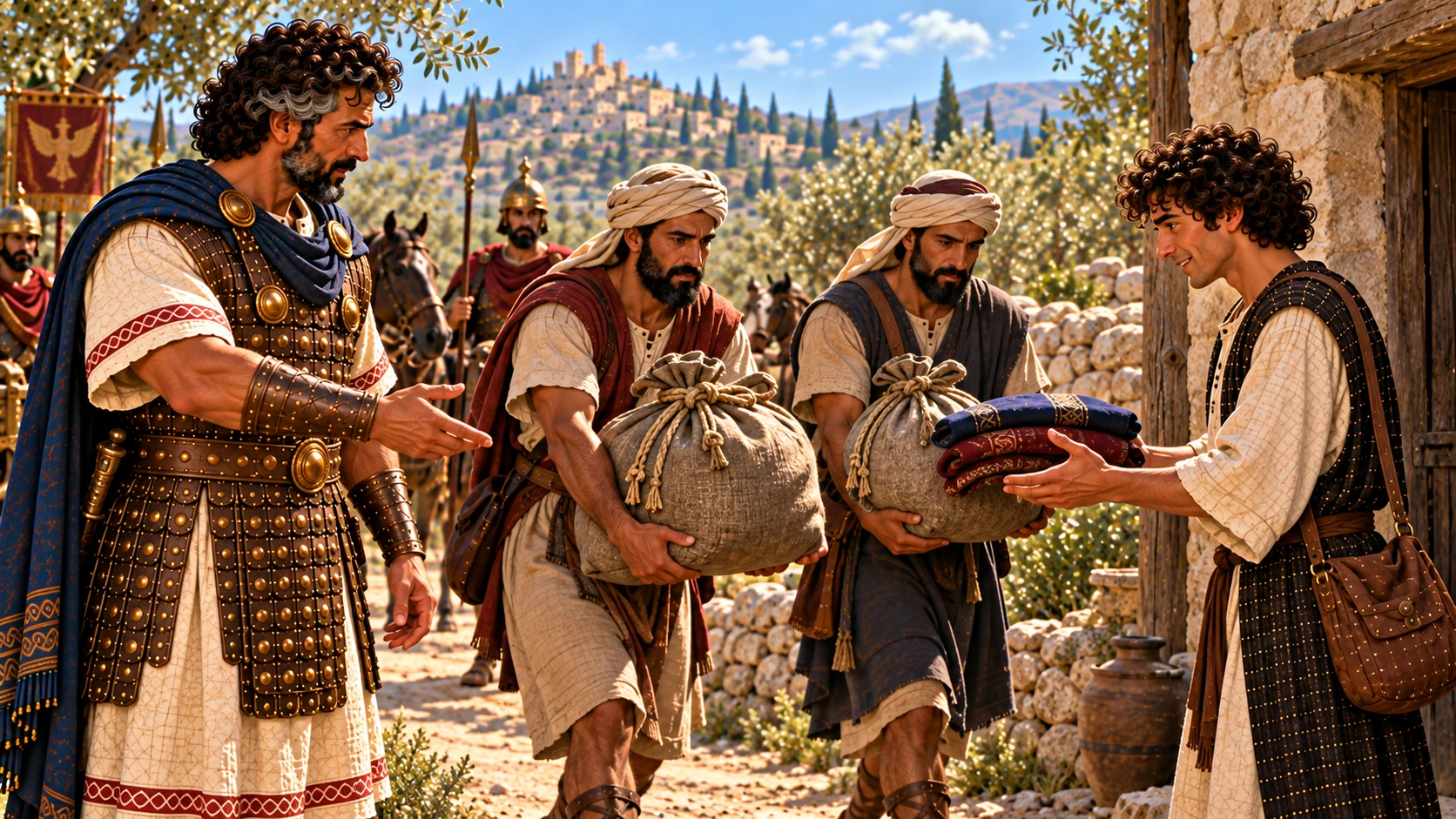 Naaman’s two servants carry silver and garments for Gehazi.