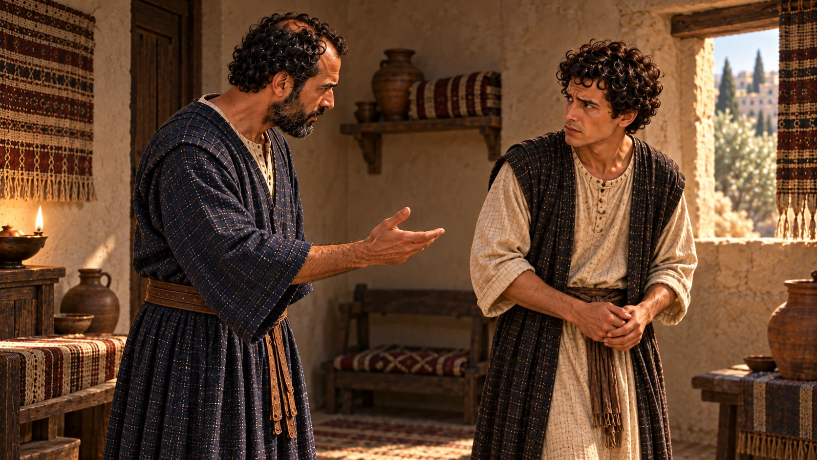 Gehazi stands before Elisha and denies leaving.
