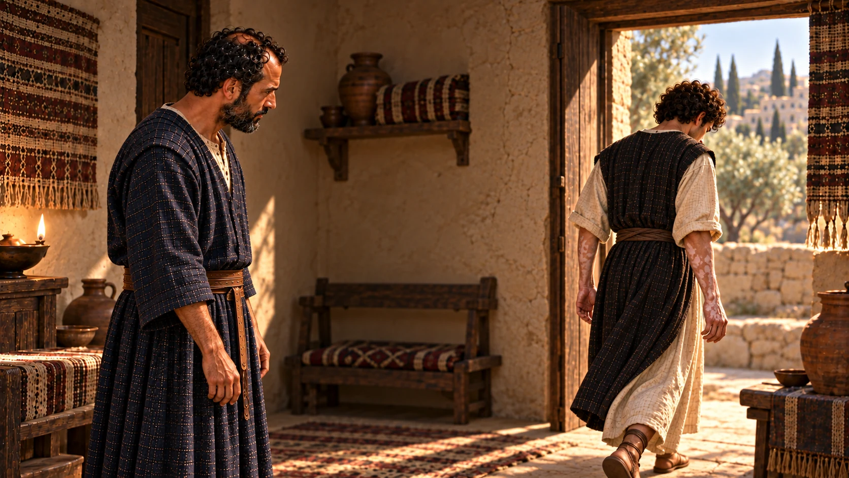 Gehazi leaves Elisha’s presence with the stated skin condition, shown with restraint.