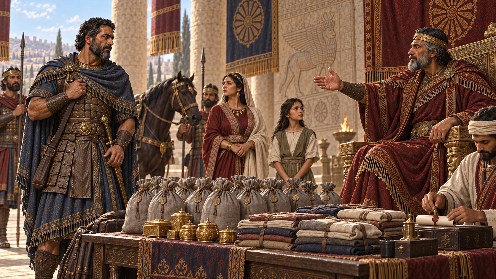 The king of Aram sends Naaman with a letter and measured gifts for Israel’s king.