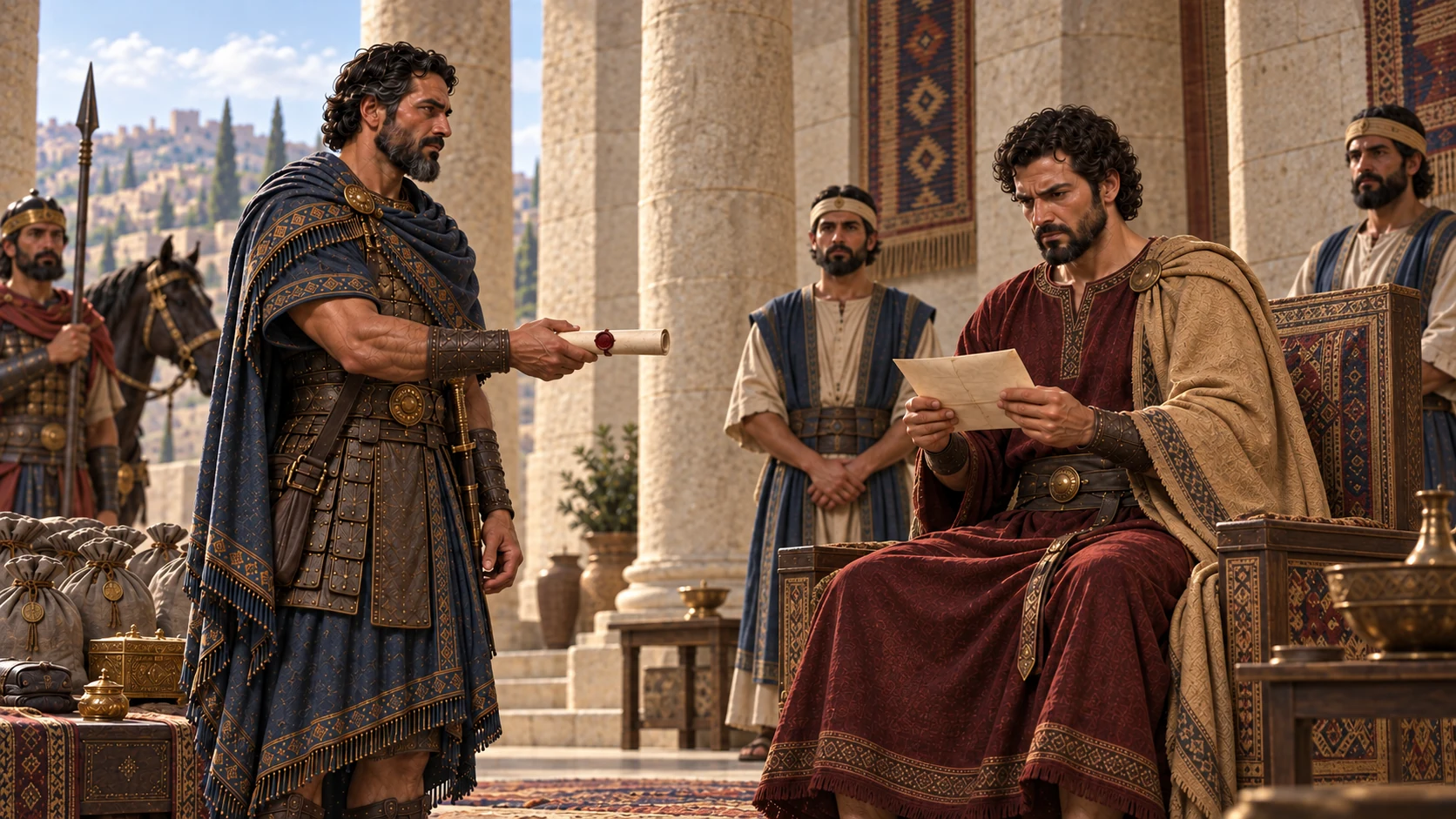 Naaman presents the Aramean king’s letter to the king of Israel.