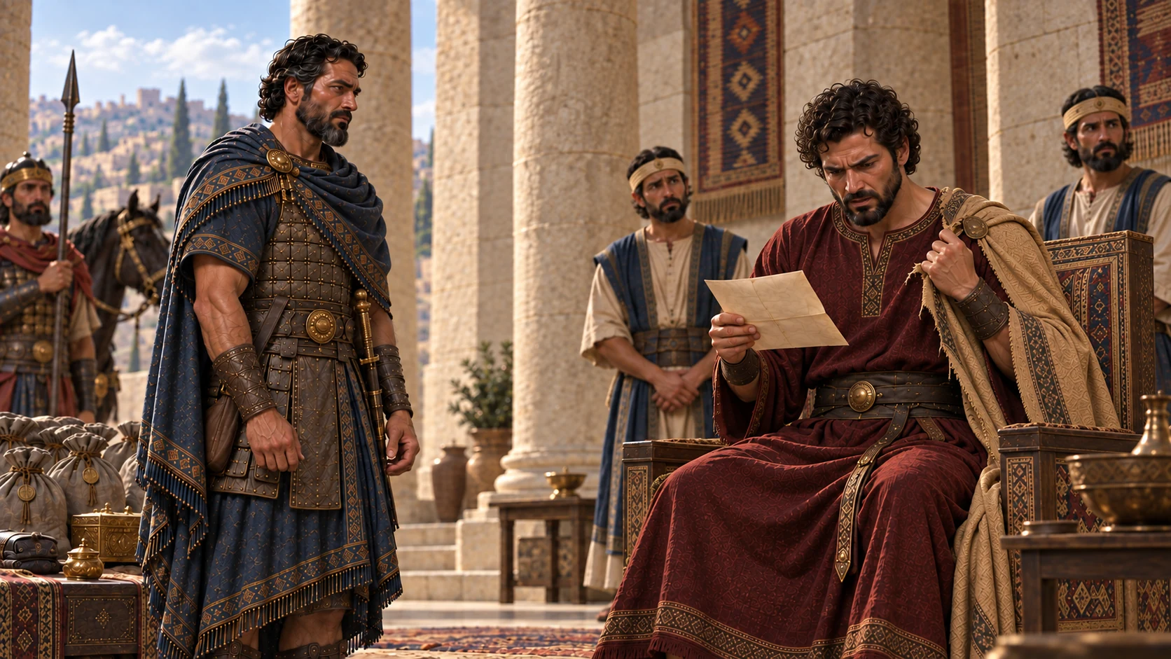 The king of Israel tears his garments in alarm after reading the request.