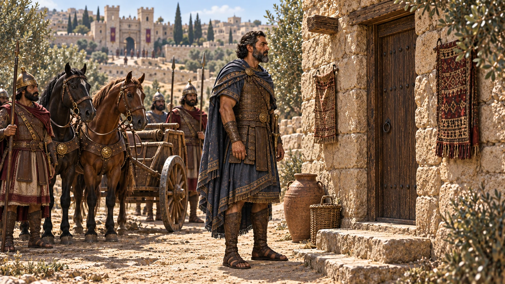 Naaman arrives with horses and chariots at the entrance to Elisha’s house.