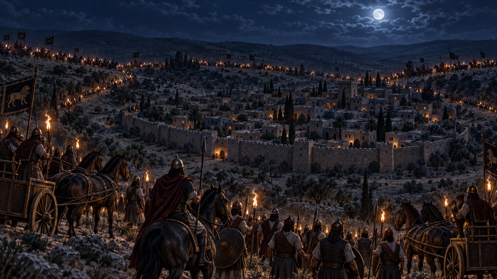 An Aramean force of horses and chariots encircles Dothan at night.