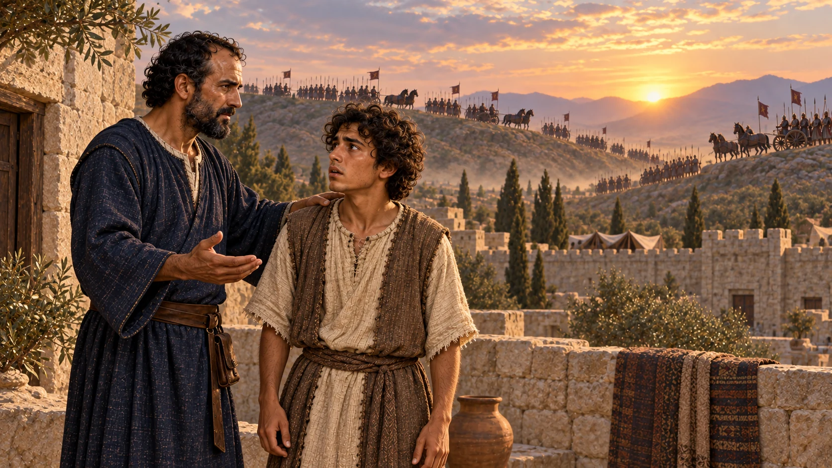 Elisha calmly reassures the young servant while the enemy force remains visible beyond the city.