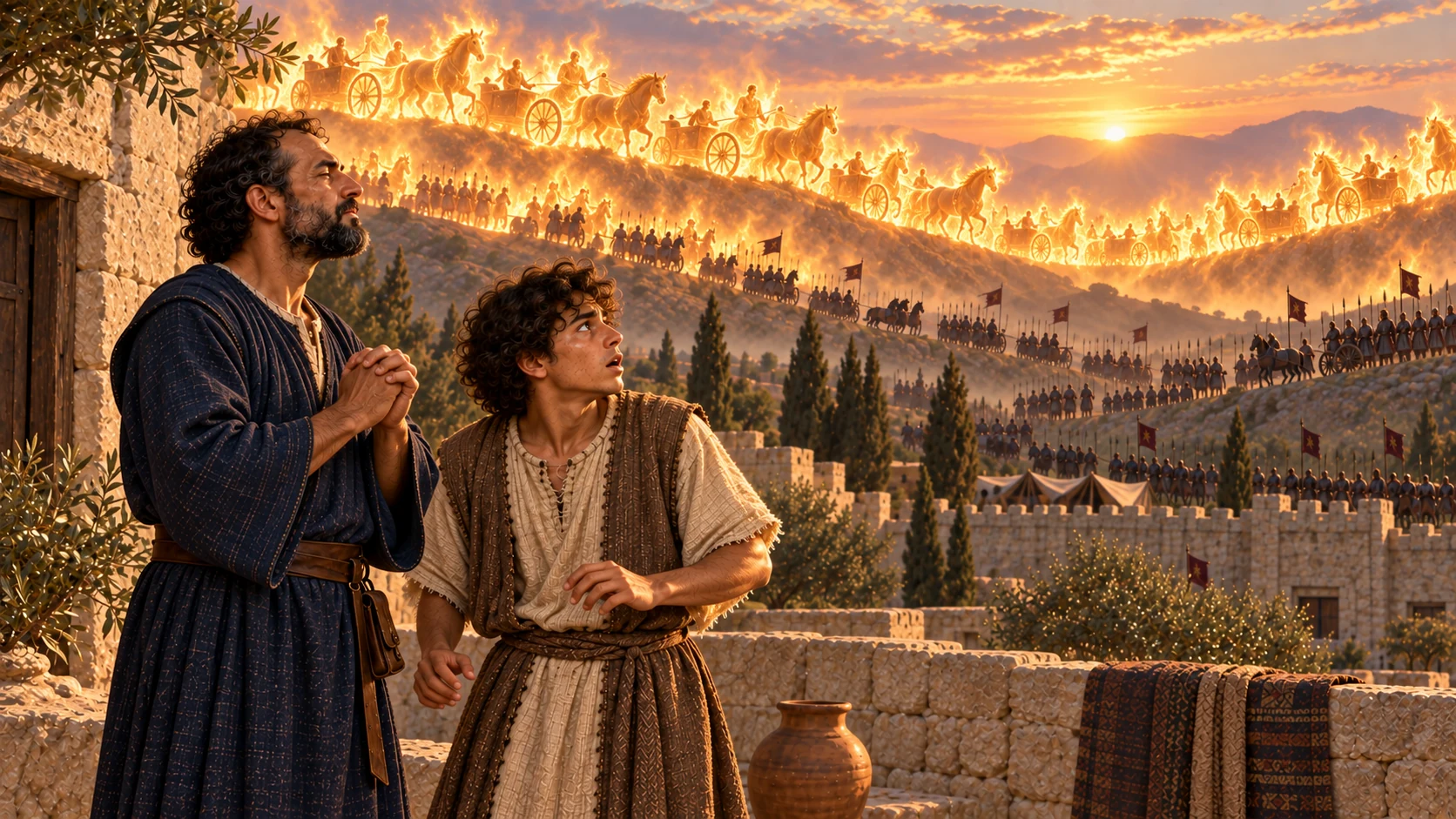 At Elisha’s prayer, the servant sees horses and chariots of fire filling the mountain around them.