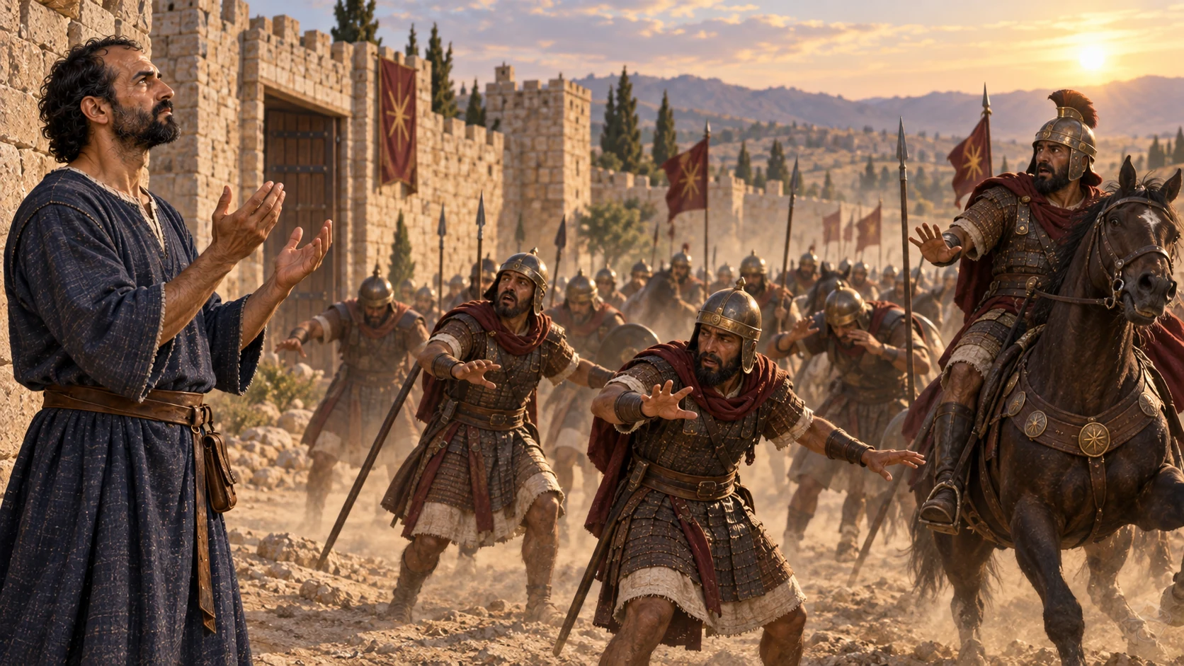 As the Arameans come toward him, Elisha prays; the soldiers are struck with disorienting blindness.