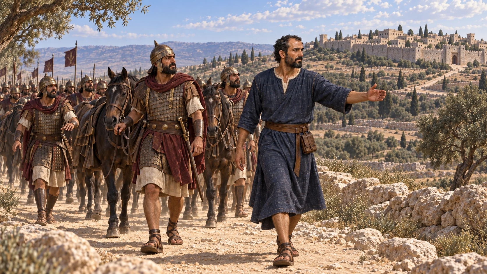 Elisha leads the disoriented Aramean soldiers away toward Samaria.