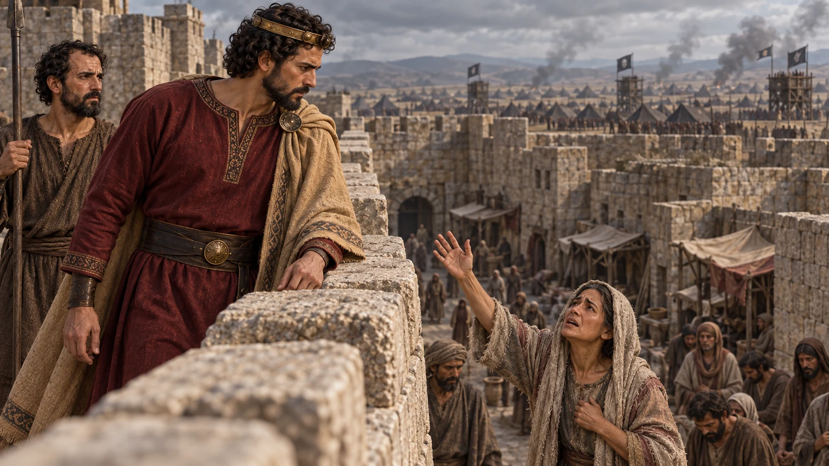 As Israel’s king passes along the wall, a distressed woman calls to him for help.