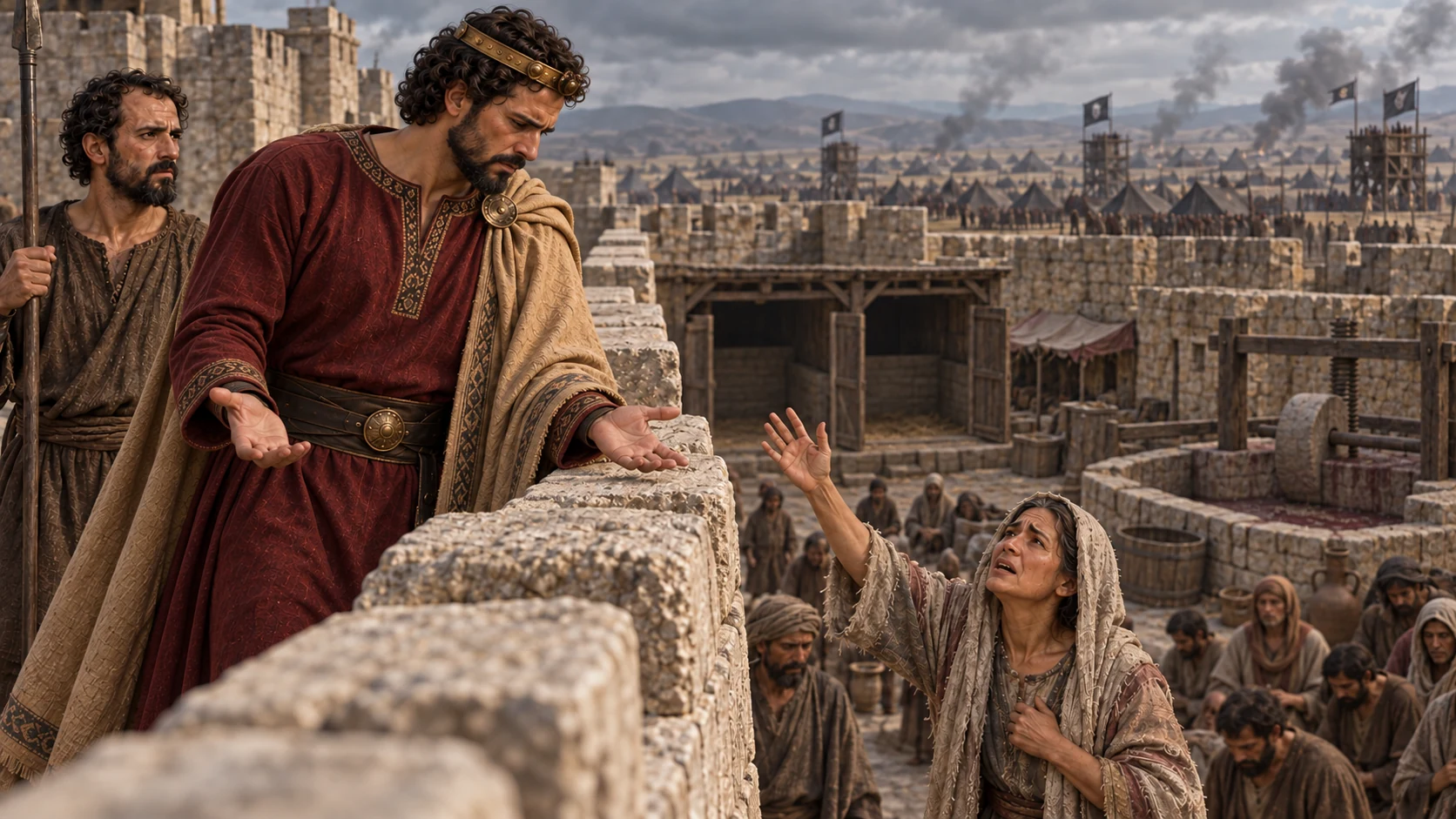 The king answers from the wall, looking toward empty stores and a dry winepress.