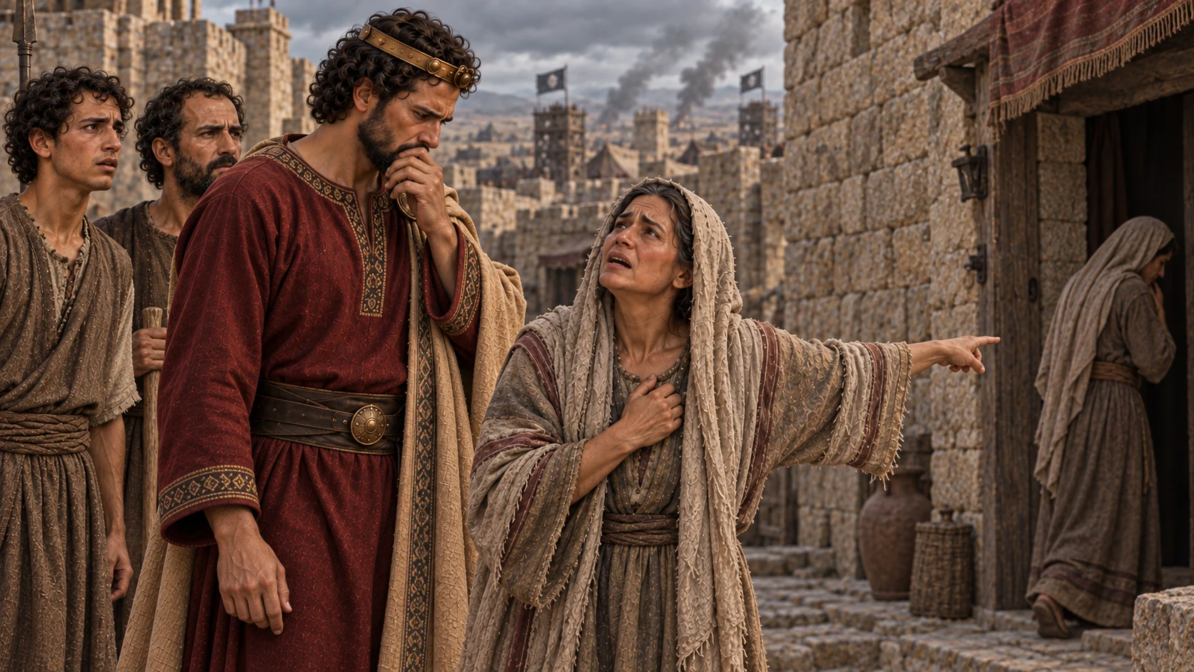 The grieving woman points toward another woman retreating into a doorway as Jehoram listens.