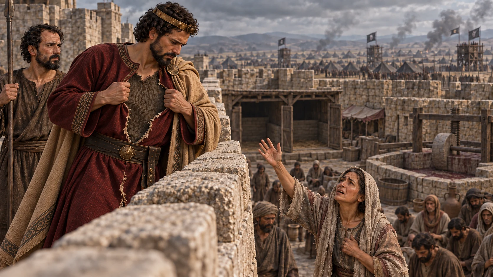 The king tears his outer robe on the wall, revealing sackcloth beneath as the people watch.